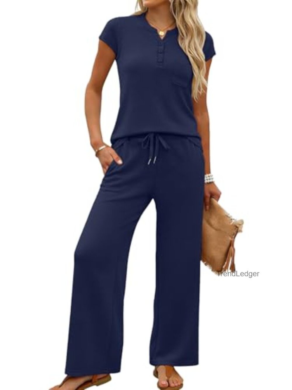 2 Piece Lounge Set Henley Sweatsuit Wide Leg Crop Pants Travel Summer